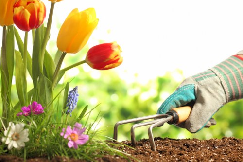 The image shows a close-up of a garden bed with a variety of colorful flowers, including orange and yellow tulips, pink and purple blooming plants, and white blossoms, all growing alongside lush green grass and foliage. In the background, a gardener's hand wearing a gardening glove is using a small hand rake to cultivate dark, moist soil. The scene is outdoors, illuminated by natural daylight, suggesting a well-maintained garden space typical of residential outdoor environments in Cricklewood. The presence of flowering plants and gardening tools highlights active garden care and landscaping, aligning with services offered by Lawn Mowing Cricklewood in local gardening and lawn maintenance projects.